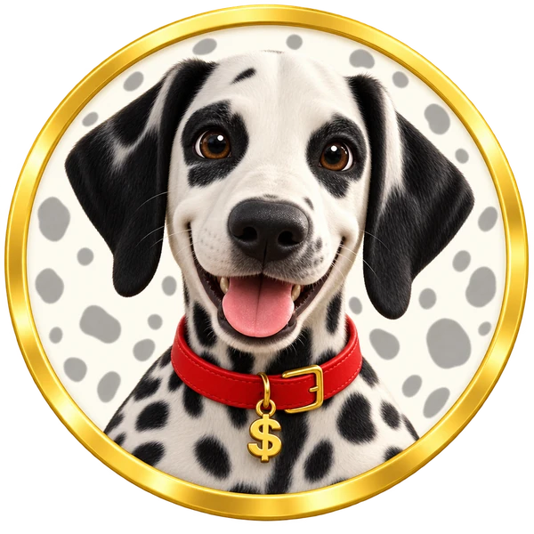 Portrait of Dewey the Dalmatian in a round medallion