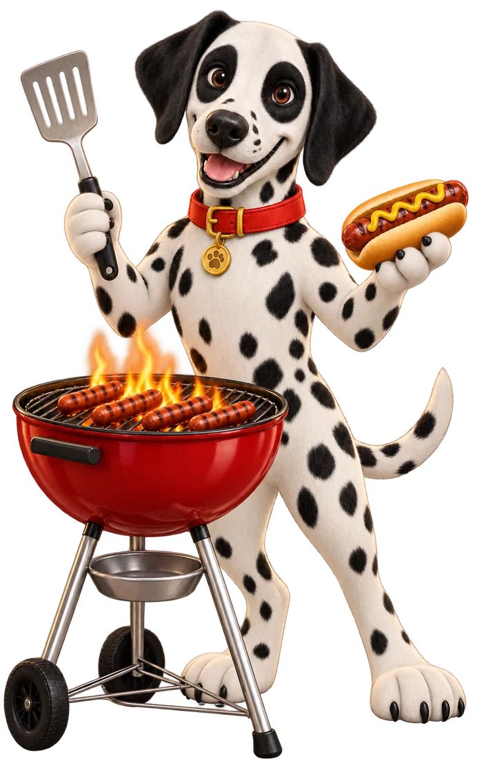 Dewey holding a spatula and a hot dog next to a flaming grill